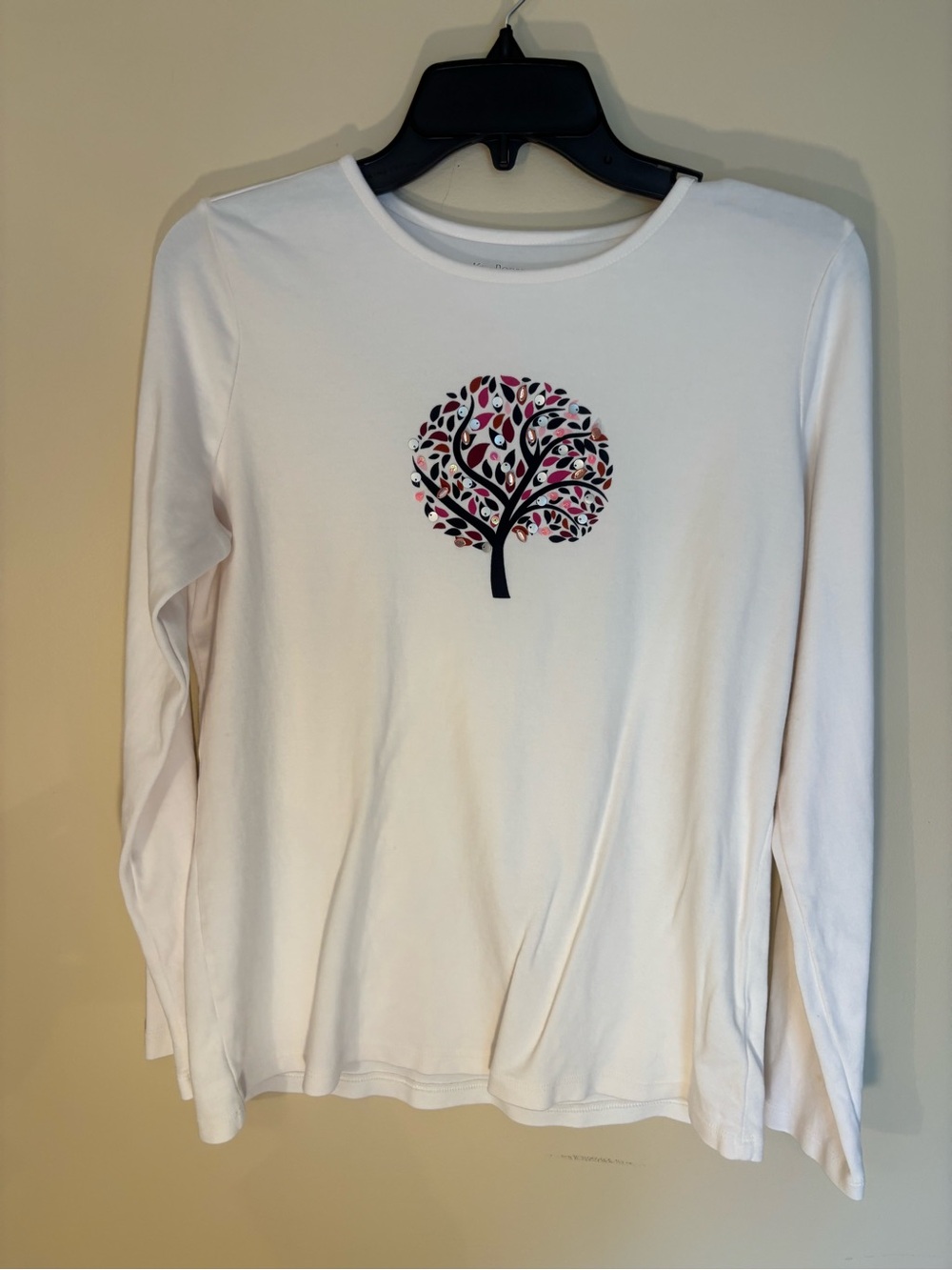 Kim Rogers White Long-Sleeve Tee with Pink and Black Tree Motif